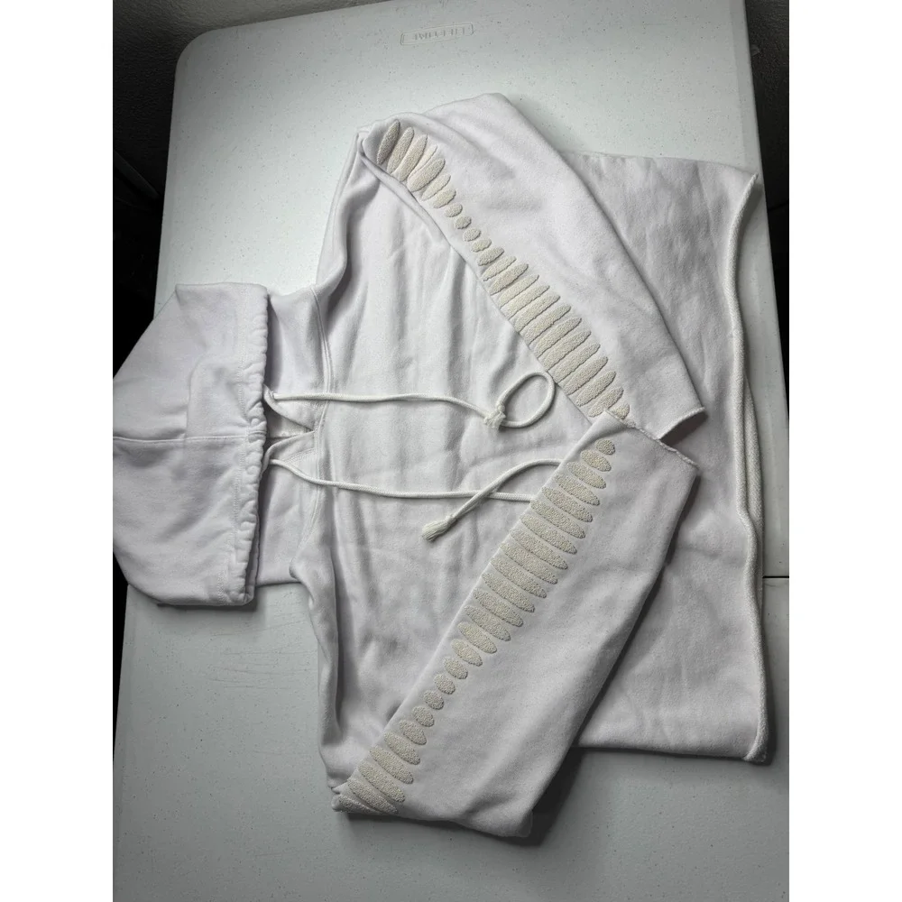 Alo Yoga Womens White Cropped Hoodie Beaded Sleeve‎ Detail Raw Hem Pullover